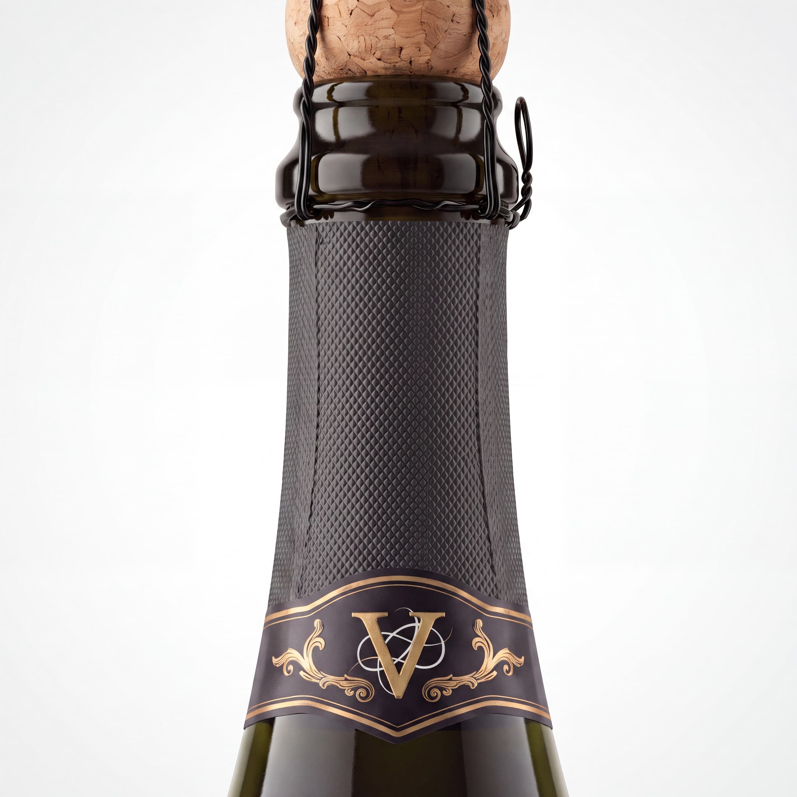 The neck of the bottle, natural cork under a wire cage